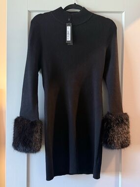 Steve Madden Black Long Sleeve Knit Dress with Faux Fur Cuffs